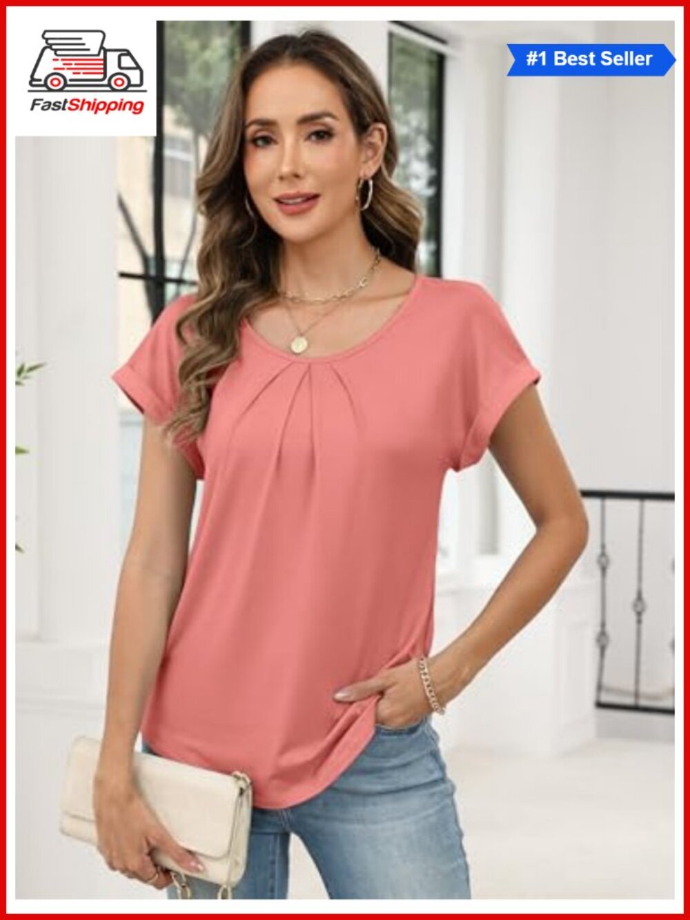 Women's Short Sleeve Pleated Scoop Neck T-Shirt Casual Top - Picture 2 of 6